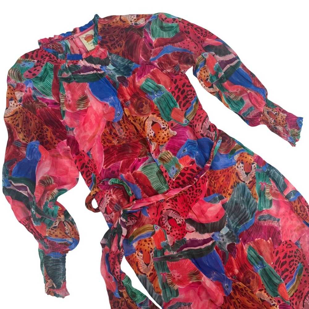 Farm Rio Mixed Print Maxi Dress Animal Collage Tie Waist Ruffle Long Sleeve XS‎ - Picture 9 of 14